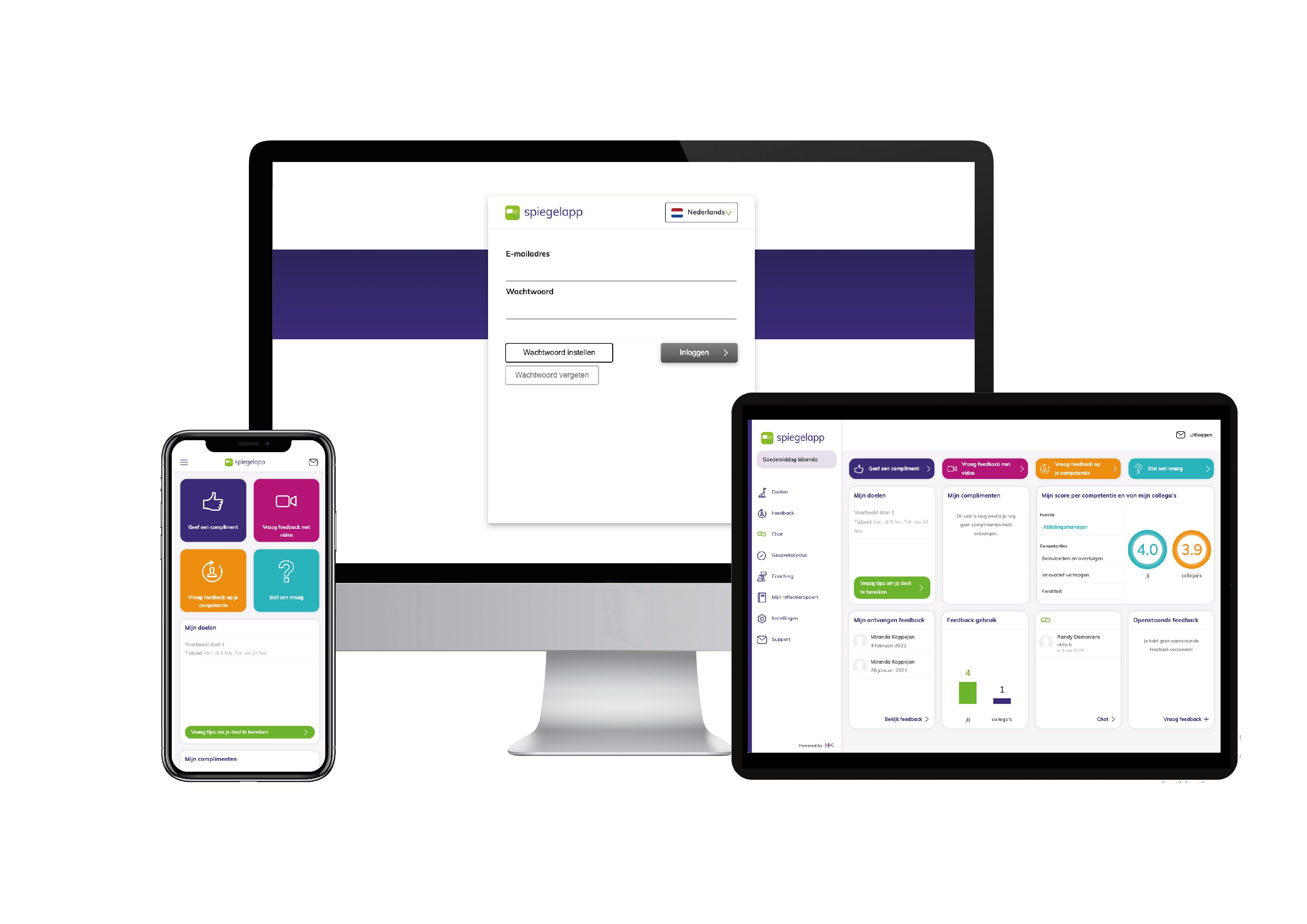 Een computer, telefoon en tablet tonen dezelfde applicatie op hun schermen.